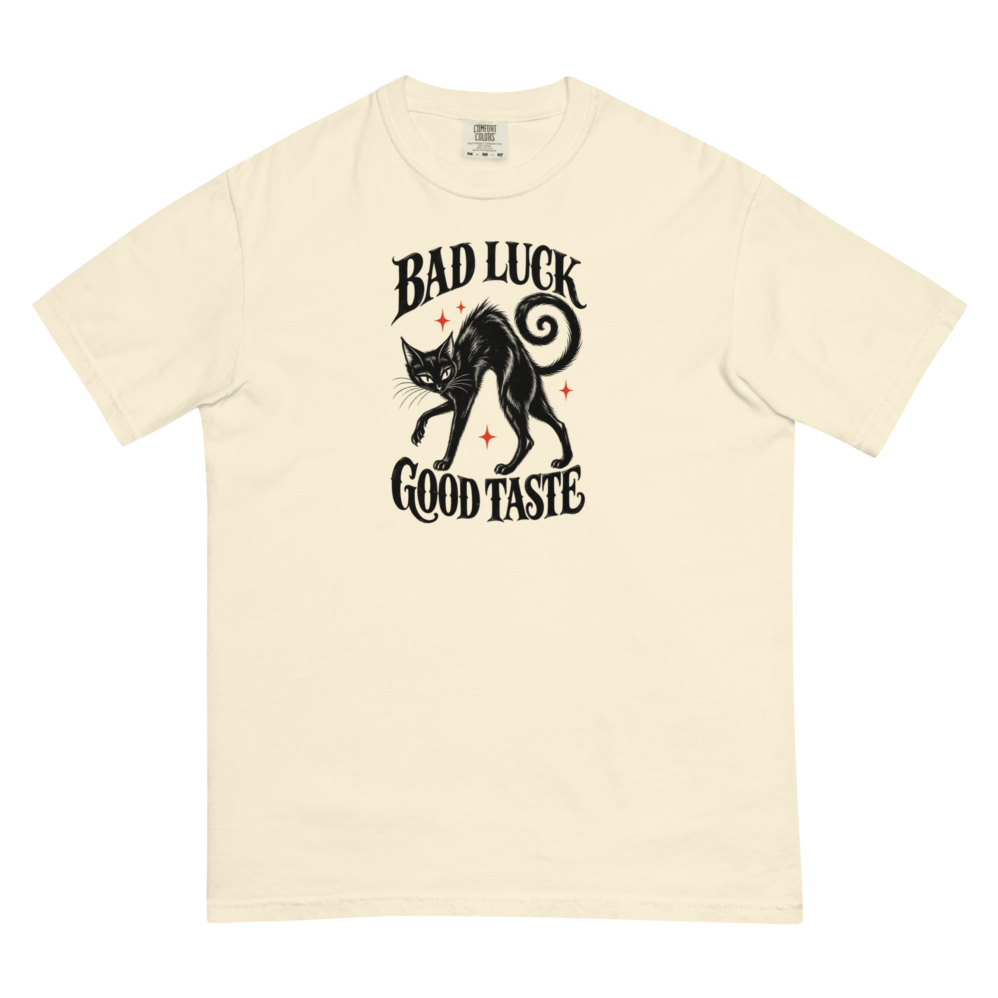 Printful front mockup of Bad Luck Good Taste Cat Tee in Ivory