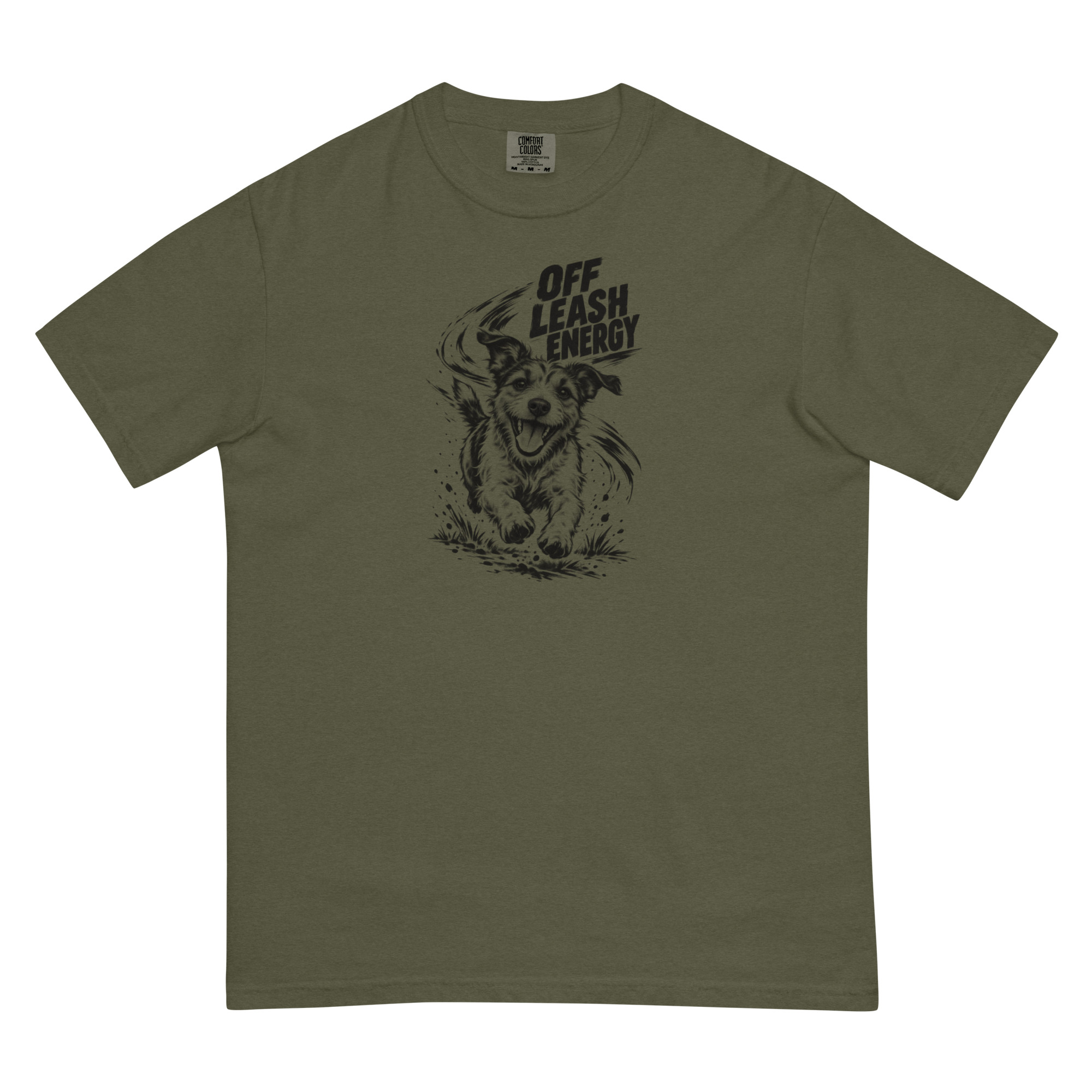 Off Leash Energy tee in Sage, supplier front mockup