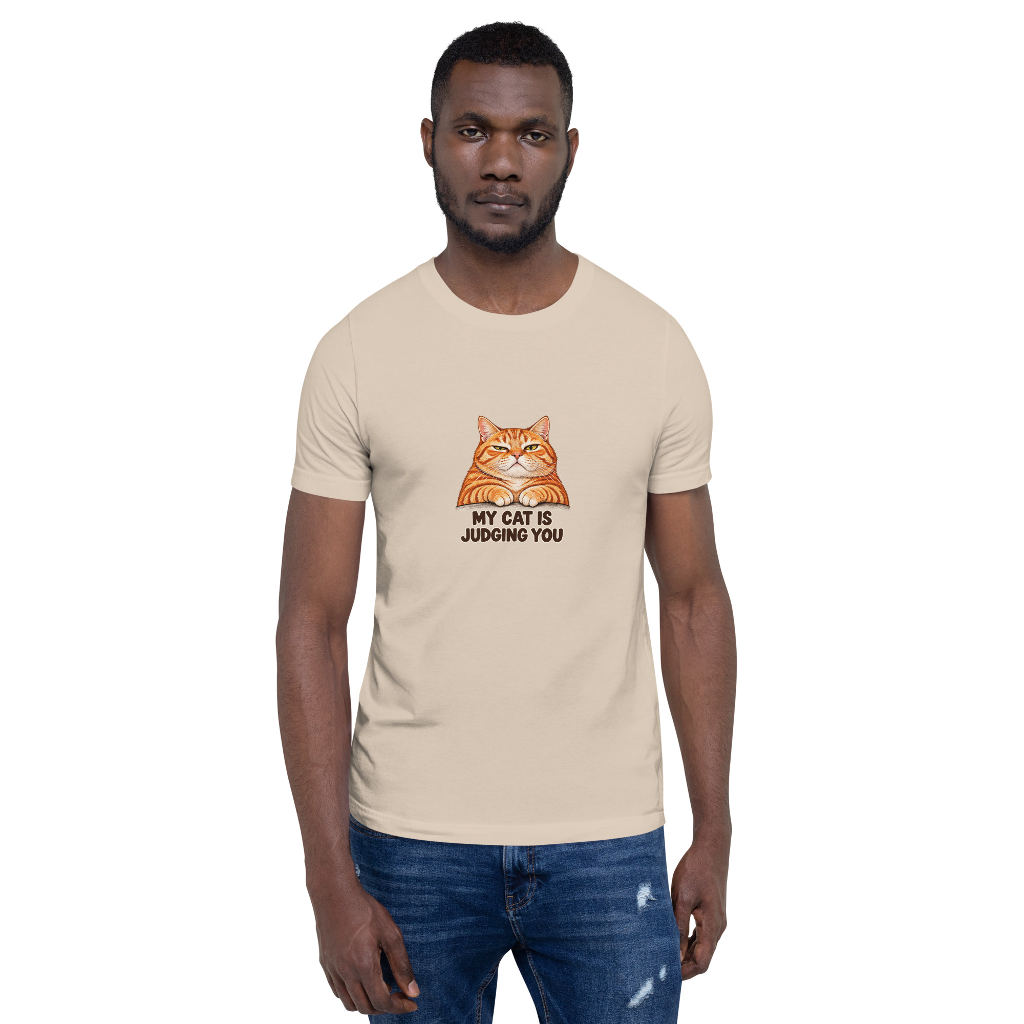 Printful front mockup of the My Cat Is Judging You tee in Soft Cream
