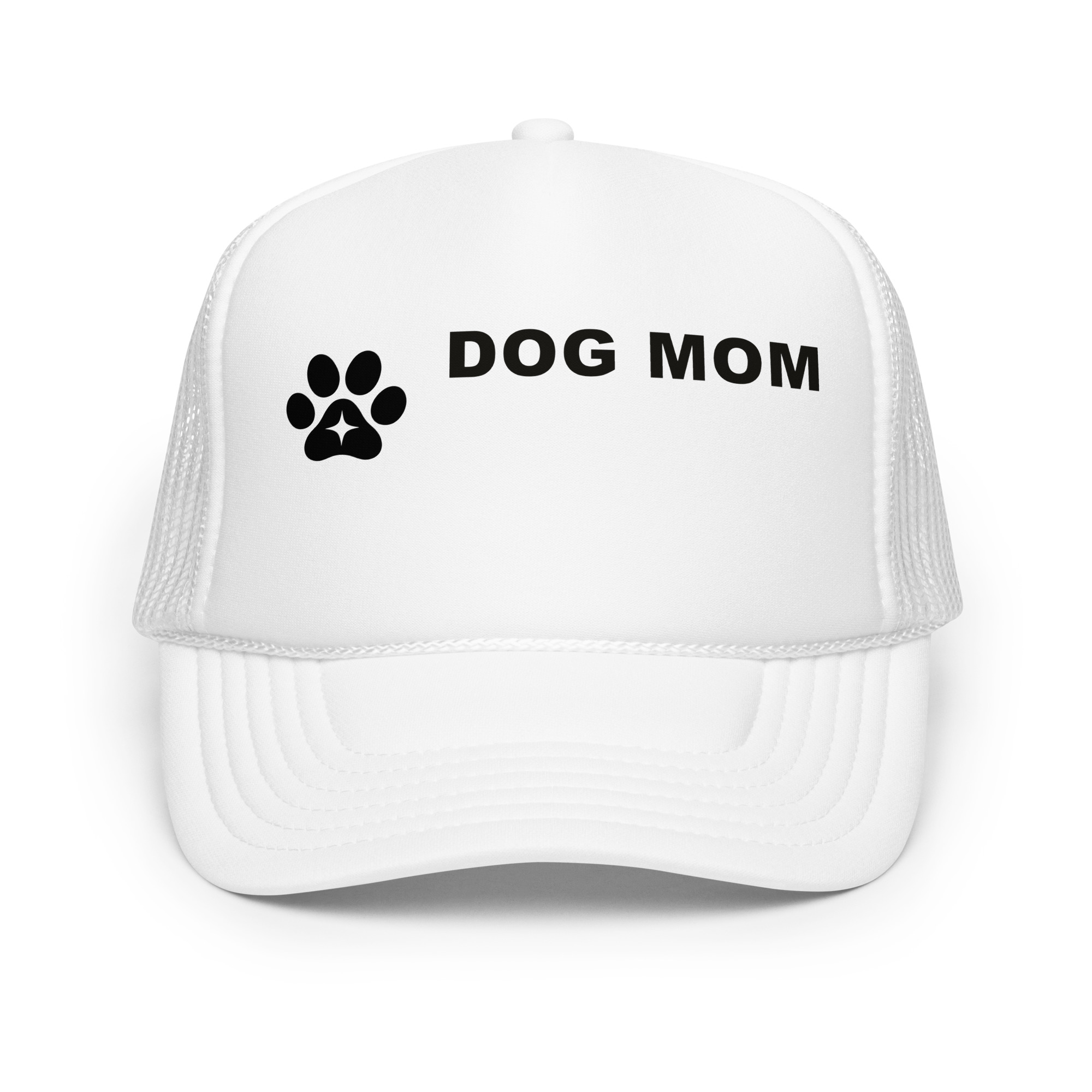 Native supplier front mockup of the white Dog Mom printed foam trucker hat with black paw artwork